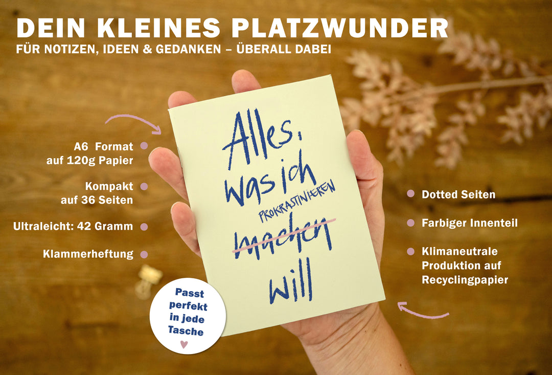 Notizheft A6 „Alles, was ich prokrastinieren will“ für Bullet Journaling