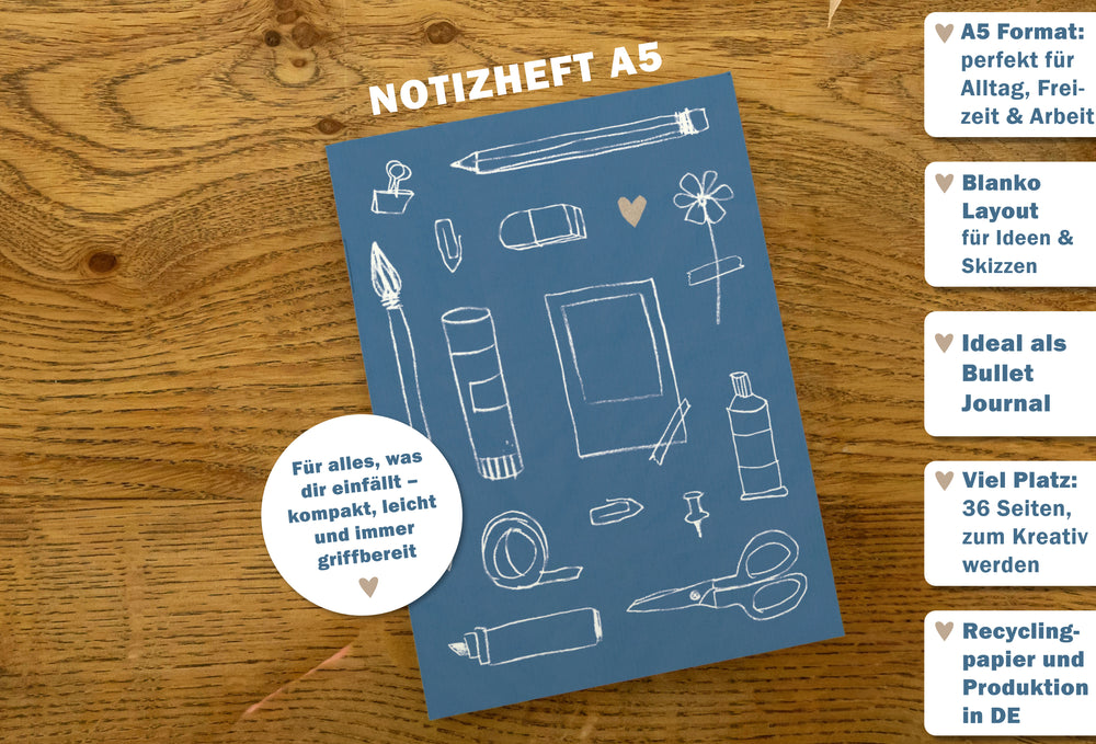 Nachhaltiges Notizheft A6 blau mit blanko Seiten als Geschenk