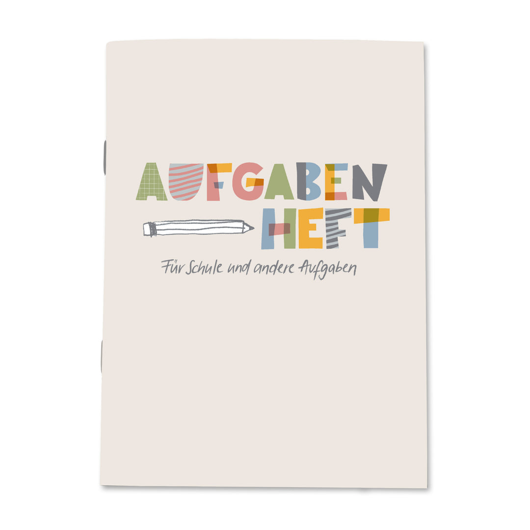 Hausaufgabenheft A6 mit bunter Aufschrift „Aufgabenheft“ und gezeichnetem Bleistift auf dem Cover