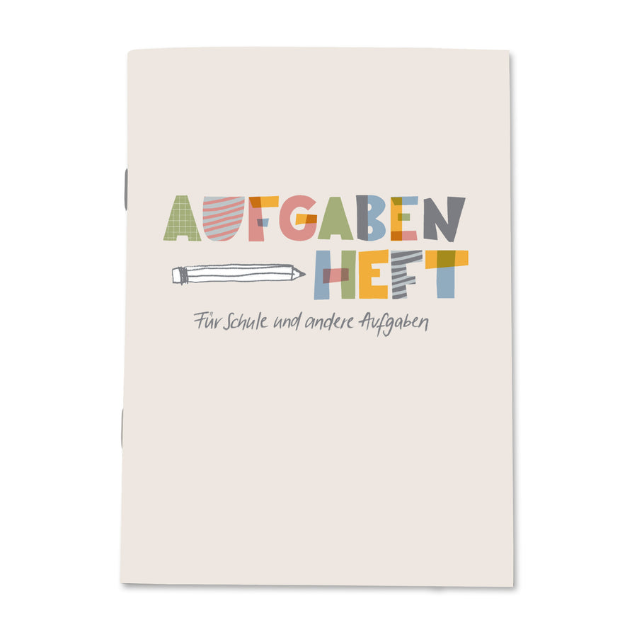 Hausaufgabenheft A6 mit bunter Aufschrift „Aufgabenheft“ und gezeichnetem Bleistift auf dem Cover
