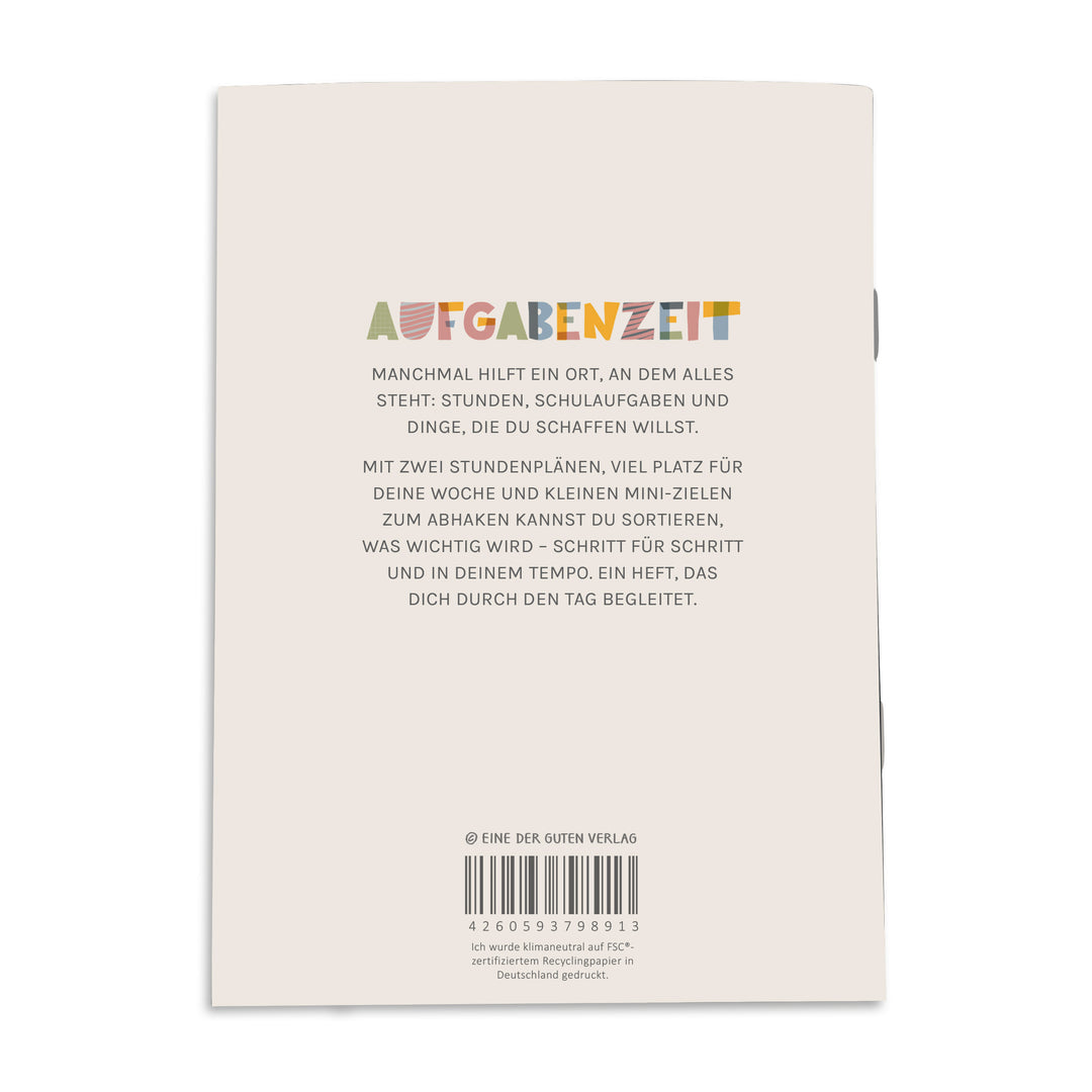 Rückseite des nachhaltigen Hausaufgabenhefts mit Beschreibung, Logo und Barcode