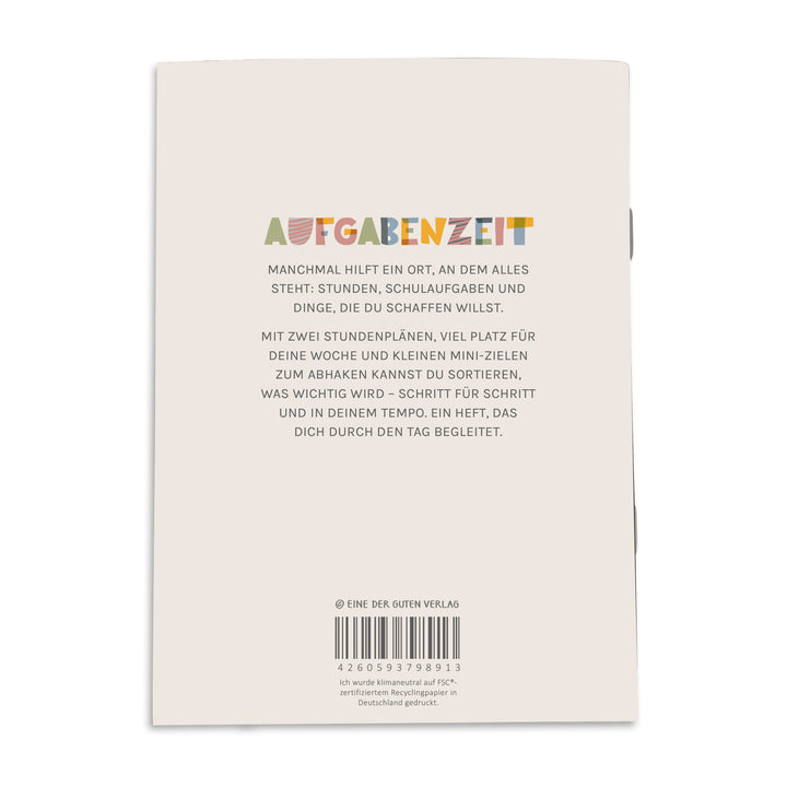 Rückseite des nachhaltigen Hausaufgabenhefts mit Beschreibung, Logo und Barcode