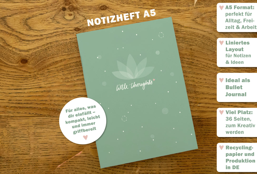 Liniertes A5 Notizbuch aus Recyclingpapier, 36 Seiten