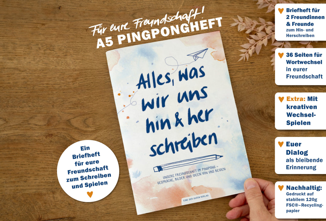 A5 Pingpongheft – Freundschaftsheft zum Hin- und Herschreiben, nachhaltiges Briefheft für 2, FSC® Recyclingpapier, Aquarell Cover