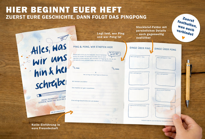 Einführungsseite und Steckbrief-Seiten im Pingpongheft – Ping und Pong halten fest, was sie verbindet, gegenseitig ausfüllbar