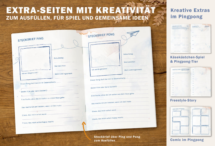 Kreative Extraseiten im Pingpongheft – Käsekästchen-Spiel, Freestyle-Story, Pingpong-Tier und gemeinsamer Comic für zwei Freunde