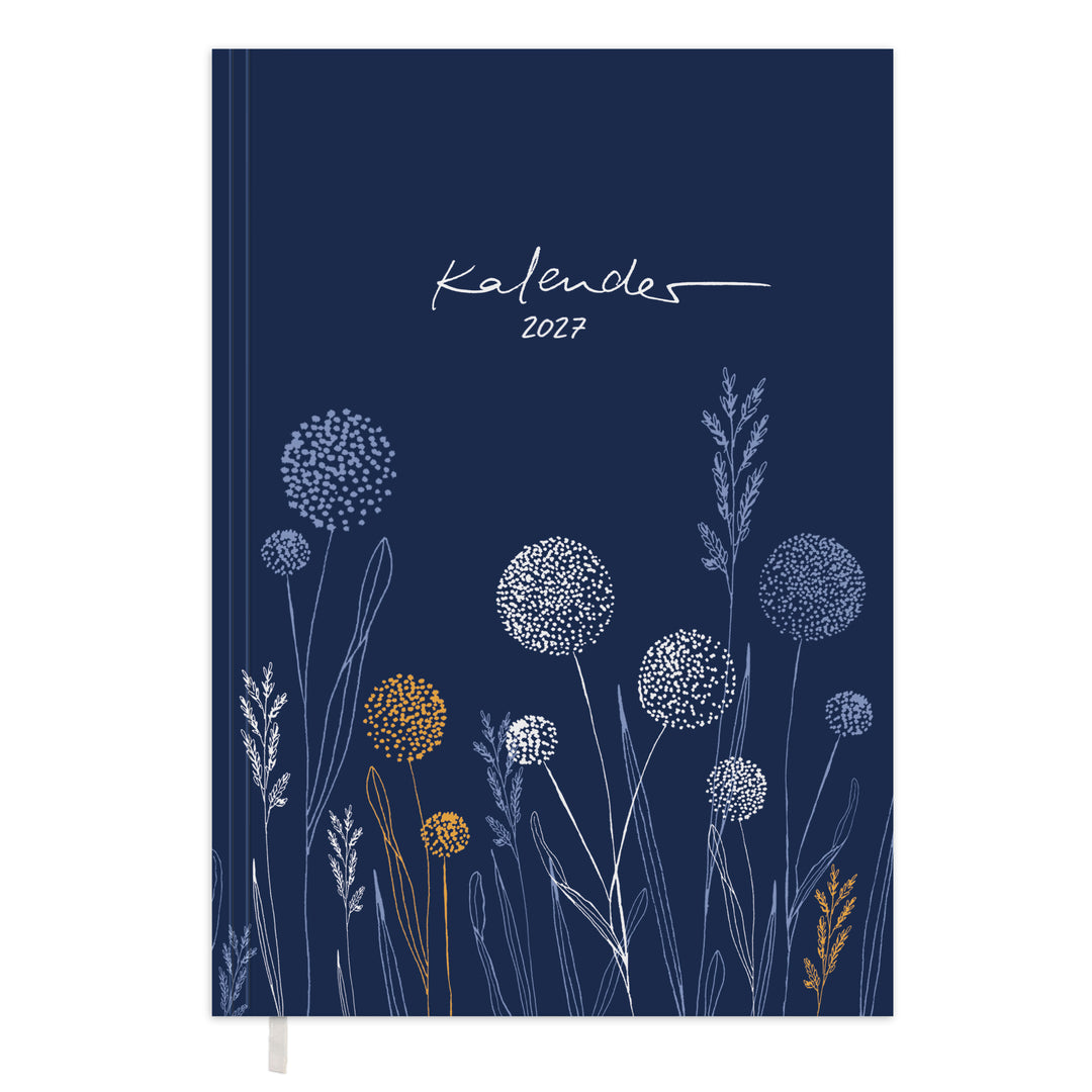 Kalender 2027 A5 Softcover in Dunkelblau mit Blumen Cover, Leseband und nachhaltigem FSC Papier