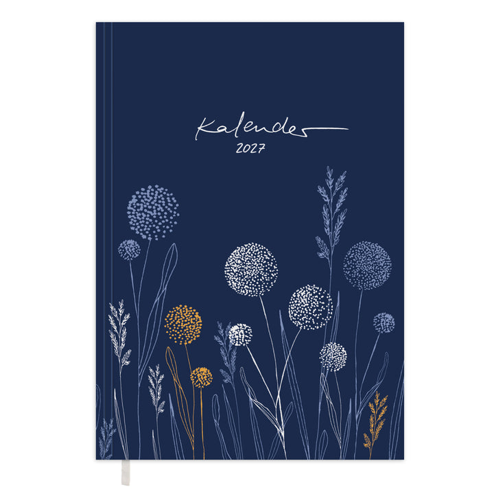 Kalender 2027 A5 Softcover in Dunkelblau mit Blumen Cover, Leseband und nachhaltigem FSC Papier