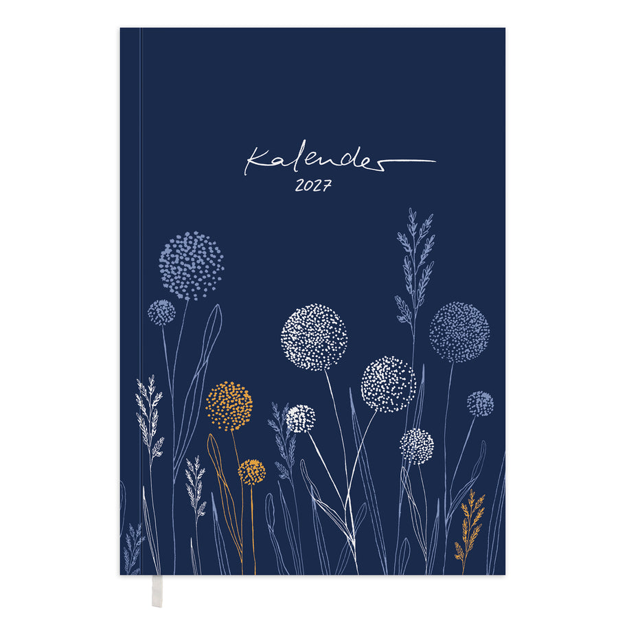 Kalender 2027 A5 Softcover in Dunkelblau mit Blumen Cover, Leseband und nachhaltigem FSC Papier