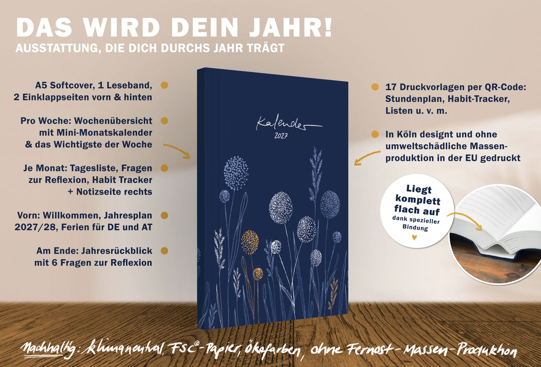 A5 Kalender 2027 Softcover mit Jahresplan, Wochenübersicht, Monatsplanung, Reflexion und 17 Druckvorlagen per QR Code