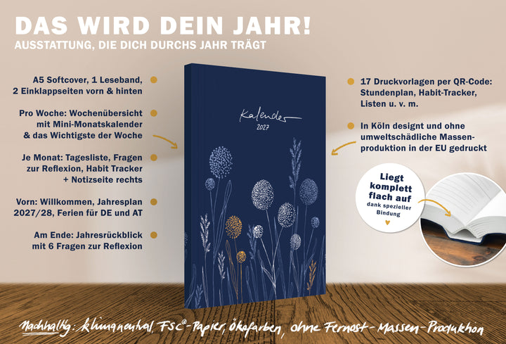 A5 Kalender 2027 Softcover mit Jahresplan, Wochenübersicht, Monatsplanung, Reflexion und 17 Druckvorlagen per QR Code