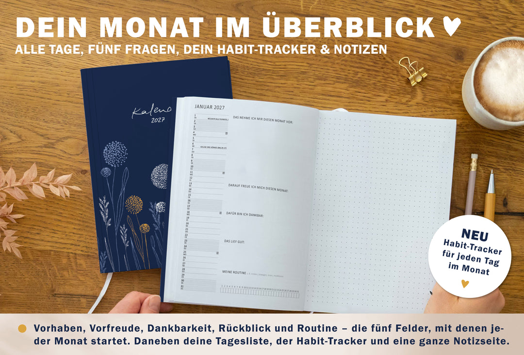 Monatsübersicht im Kalender 2027 mit Tagesliste, fünf Reflexionsfragen, Habit Tracker und großer Notizseite