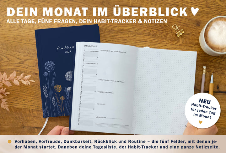 Monatsübersicht im Kalender 2027 mit Tagesliste, fünf Reflexionsfragen, Habit Tracker und großer Notizseite