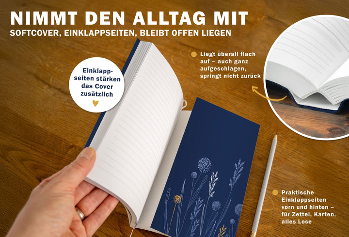 A5 Softcover Kalender 2027 mit Einklappseiten, Leseband und flach aufliegender Bindung für den Alltag