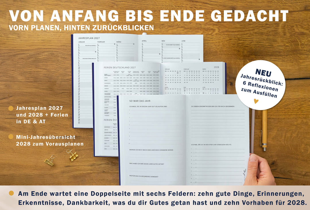 Kalender 2027 mit Jahresplan, Ferienübersicht für Deutschland und Österreich, Mini Jahresübersicht 2028 und Jahresrückblick zum Ausfüllen