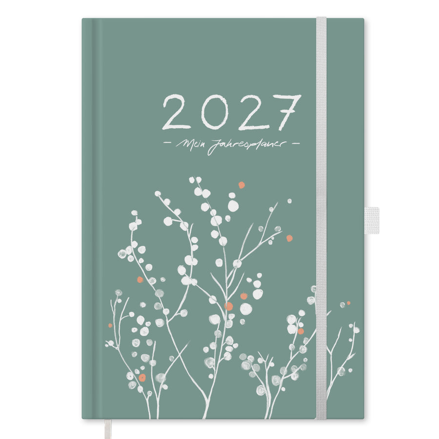 Jahresplaner 2027 A5 Hardcover in Mint mit Gummiband, Stiftschlaufe, Leseband und nachhaltigem FSC Papier