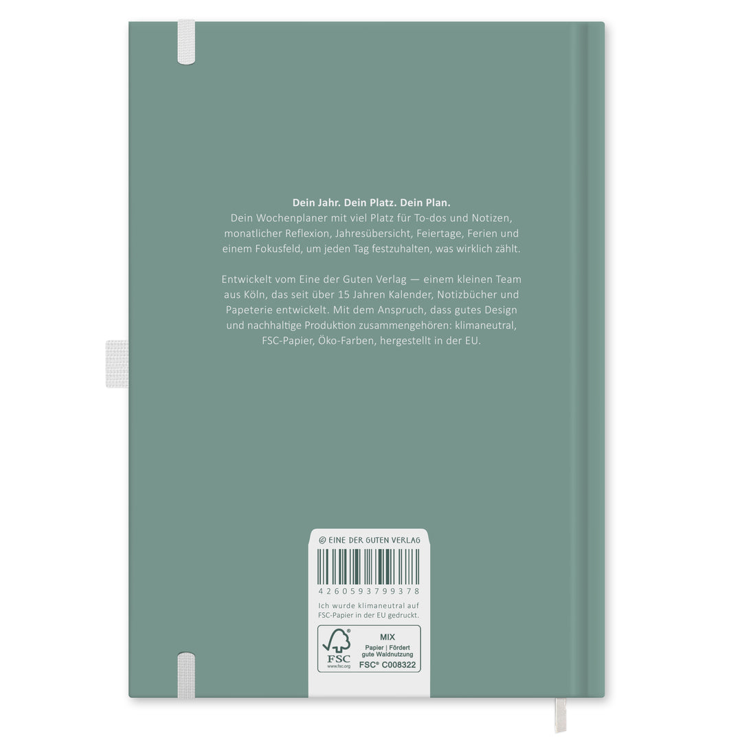 Rückseite vom Jahresplaner 2027 A5 Hardcover in Mint mit FSC Siegel, Produkttext, Gummiband und Leseband