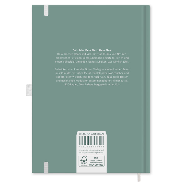 Rückseite vom Jahresplaner 2027 A5 Hardcover in Mint mit FSC Siegel, Produkttext, Gummiband und Leseband