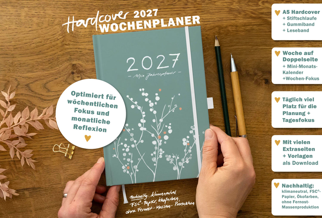 Hardcover Wochenplaner 2027 A5 in Mint mit Gummiband, Stiftschlaufe, Leseband, Wochenfokus und Monatsreflexion