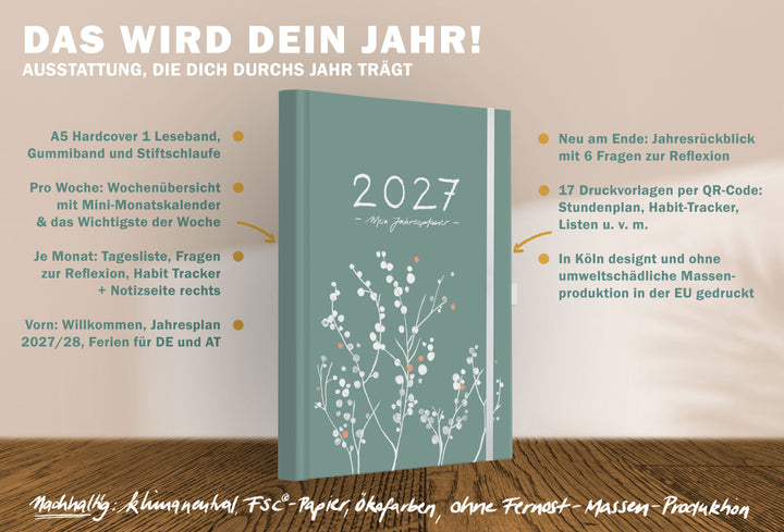 A5 Hardcover Kalender 2027 mit Jahresplan, Wochenübersicht, Monatsplanung, Habit Tracker, Reflexion und 17 Druckvorlagen per QR Code