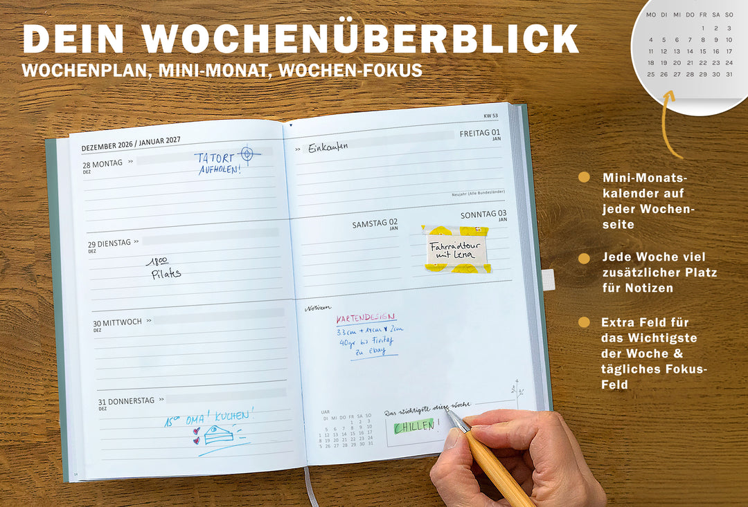 Wochenplaner 2027 A5 Hardcover mit Woche auf Doppelseite, Mini Monatskalender, Wochenfokus und viel Platz für Notizen
