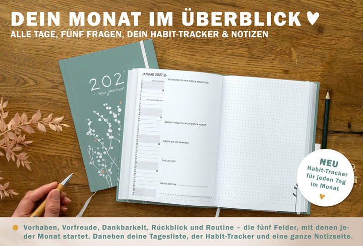 Monatsübersicht im Jahresplaner 2027 mit Tagesliste, fünf Reflexionsfragen, Habit Tracker und großer Notizseite