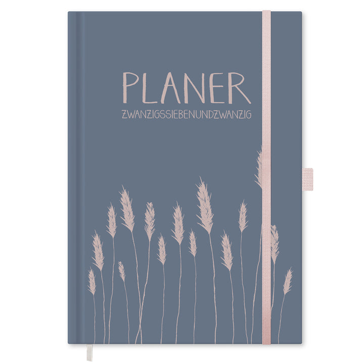 Wochenplaner 2027 A5 Hardcover in Blau mit Gräsermotiv, Gummiband, Stiftschlaufe und Leseband