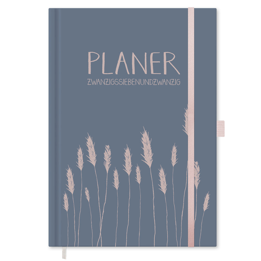 Wochenplaner 2027 A5 Hardcover in Blau mit Gräsermotiv, Gummiband, Stiftschlaufe und Leseband