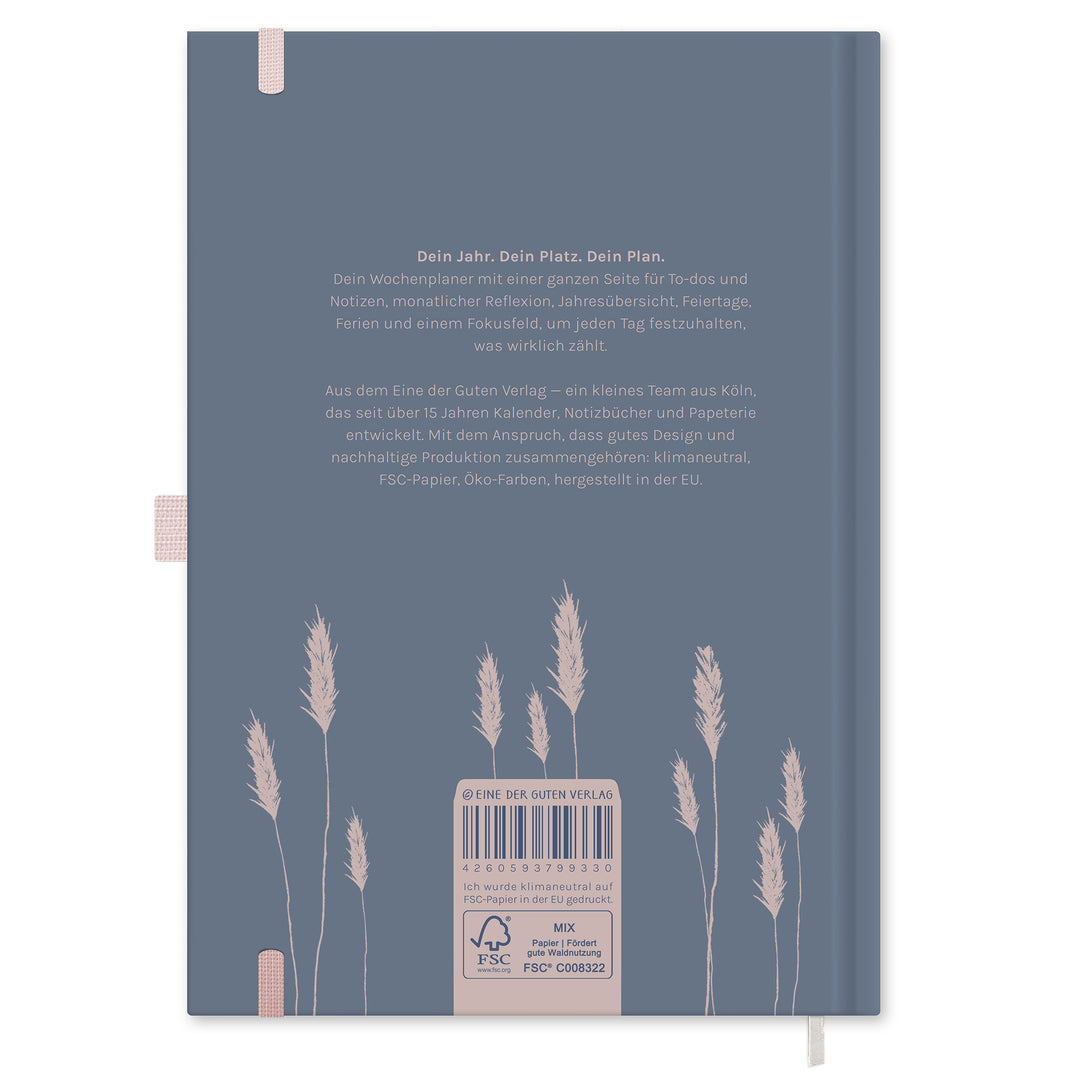 Wochenplaner 2027 A5 Hardcover in Blau mit Gräsermotiv, Gummiband, Stiftschlaufe und Leseband