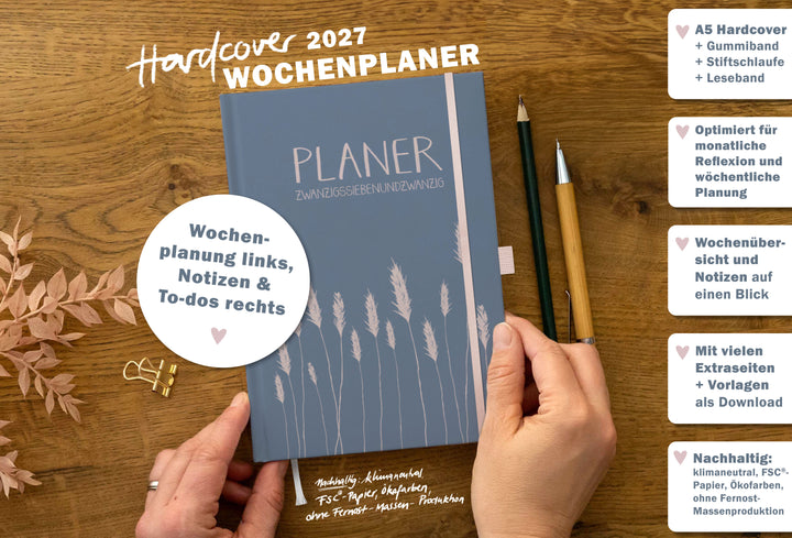 Hardcover Wochenplaner 2027 A5 mit Gräser Cover, Gummiband, Stiftschlaufe, Leseband und Wochenplanung