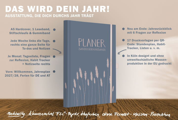 A5 Wochenplaner 2027 Hardcover mit Jahresplan, Monatsplanung, Habit Tracker, Reflexion und Druckvorlagen per QR Code