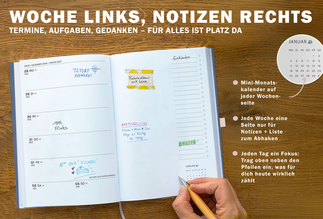 Wochenplaner 2027 mit Woche links, Notizseite rechts, Mini Monatskalender, To do Liste und Tagesfokus