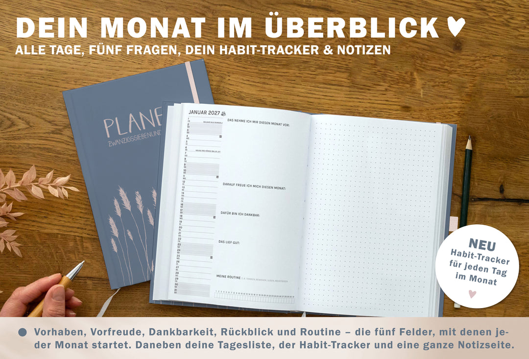 Monatsübersicht im Wochenplaner 2027 mit Tagesliste, fünf Reflexionsfragen, Habit Tracker und großer Notizseite