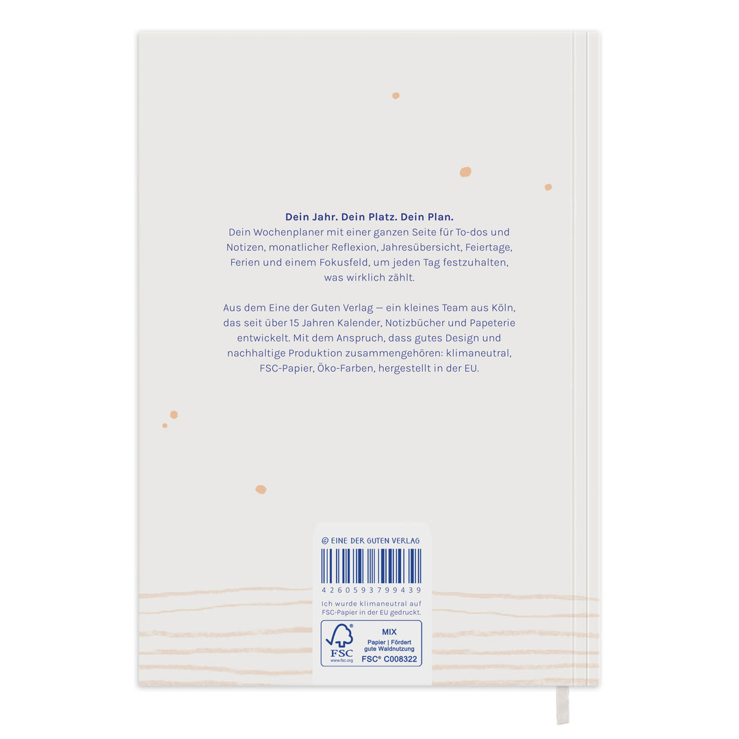Rückseite vom Wochenplaner 2027 A5 Softcover in Weiß mit FSC Siegel, Produkttext und nachhaltiger Produktion