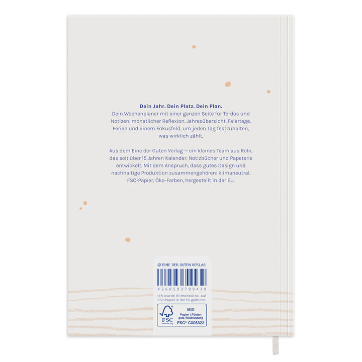 Rückseite vom Wochenplaner 2027 A5 Softcover in Weiß mit FSC Siegel, Produkttext und nachhaltiger Produktion