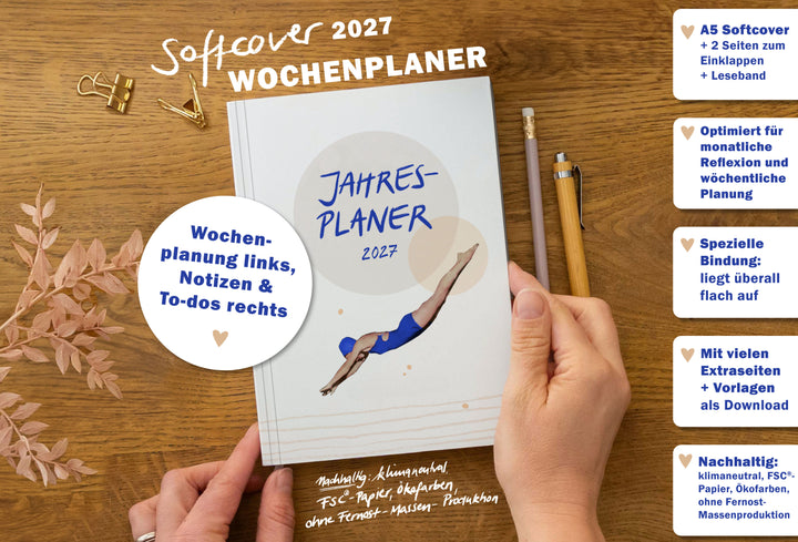 Softcover Wochenplaner 2027 A5 mit Springerin Cover, Leseband, Einklappseiten, Wochenplanung und Monatsreflexion