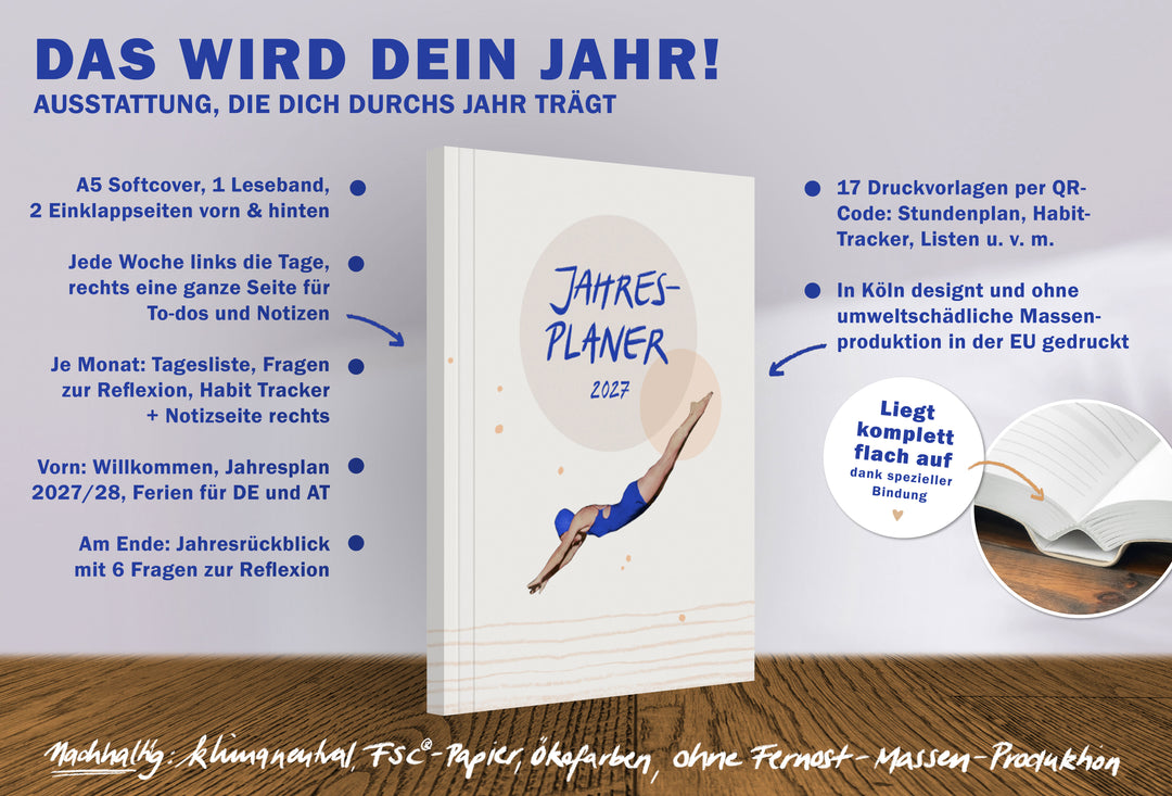 A5 Wochenplaner 2027 Softcover mit Jahresplan, Wochenübersicht, Monatsplanung, Habit Tracker, Reflexion und Druckvorlagen per QR Code