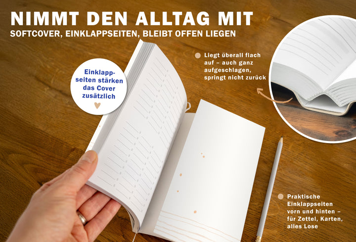 A5 Softcover Wochenplaner 2027 mit Einklappseiten, Leseband und flach aufliegender Bindung