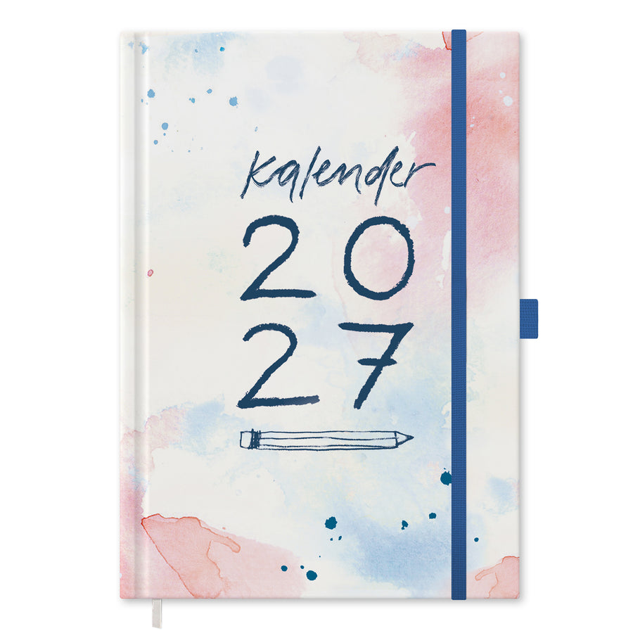 Tagesplaner 2027 A5 Hardcover mit Aquarell Cover in Blau Rosa, Gummiband, Stiftschlaufe und Leseband