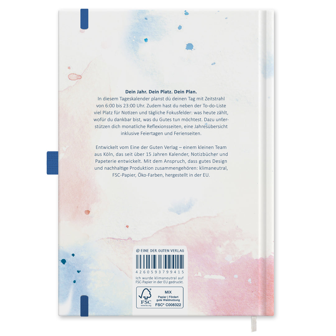 Rückseite vom Tagesplaner 2027 A5 Hardcover mit Aquarell Design, FSC Siegel, Produkttext und Gummiband