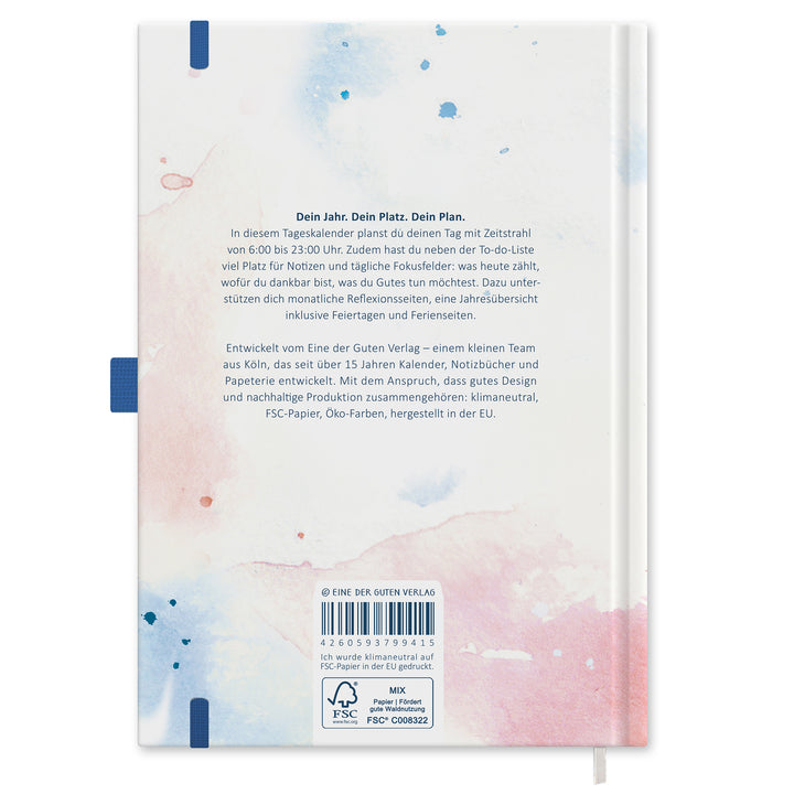 Rückseite vom Tagesplaner 2027 A5 Hardcover mit Aquarell Design, FSC Siegel, Produkttext und Gummiband