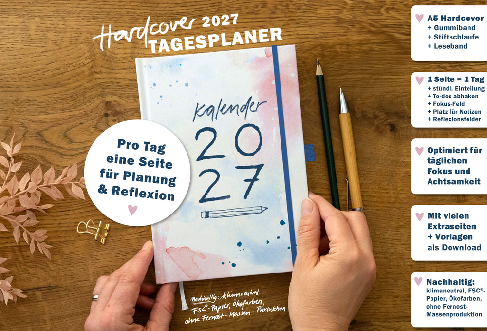 Hardcover Tagesplaner 2027 A5 mit Gummiband, Stiftschlaufe, Leseband, Tagesplanung und Reflexionsfeldern