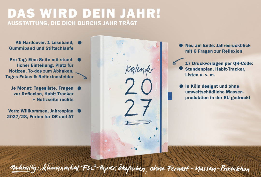 A5 Tagesplaner 2027 Hardcover mit Tagesseiten, Jahresplan, Monatsübersicht, Habit Tracker, Reflexion und 17 Druckvorlagen per QR Code