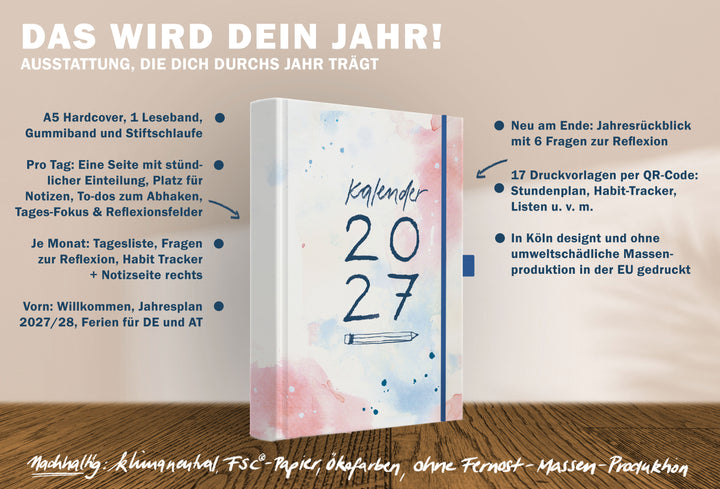 A5 Tagesplaner 2027 Hardcover mit Tagesseiten, Jahresplan, Monatsübersicht, Habit Tracker, Reflexion und 17 Druckvorlagen per QR Code