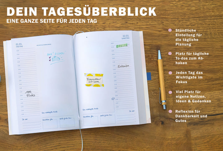 Tagesplaner 2027 mit einer Seite pro Tag, stündlicher Einteilung, To dos, Tagesfokus und Reflexionsfeldern