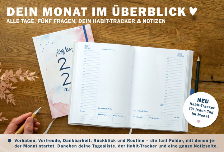 Monatsübersicht im Tagesplaner 2027 mit Tagesliste, fünf Reflexionsfragen, Habit Tracker und großer Notizseite