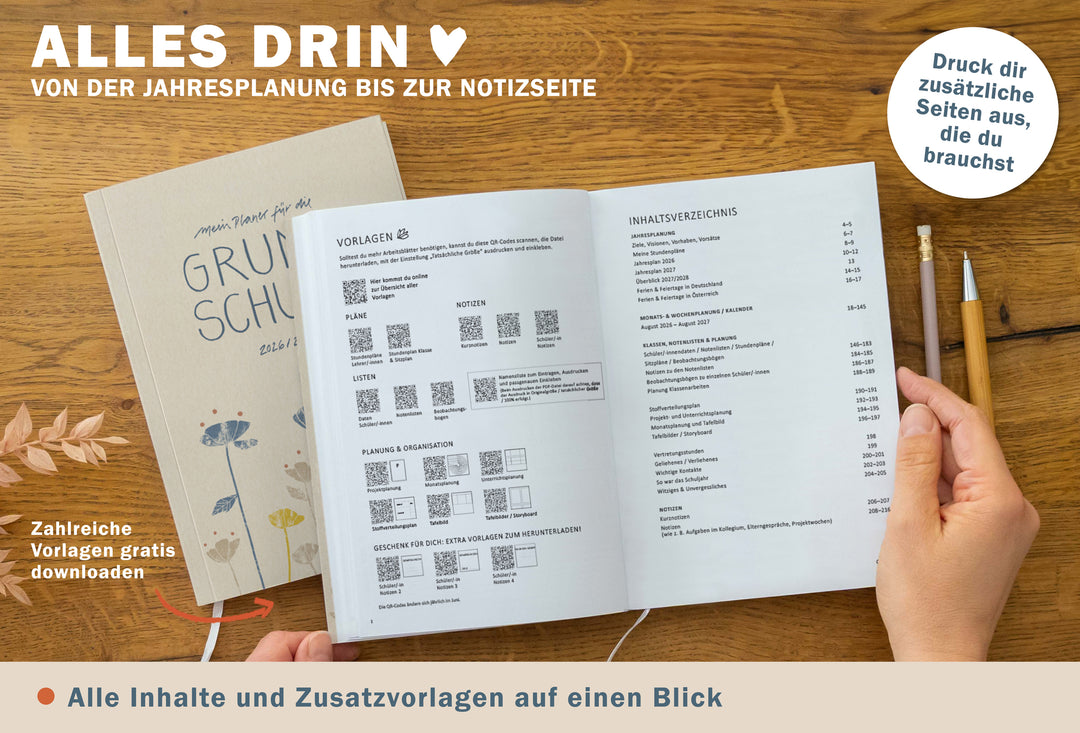 A5 Grundschulplaner mit Inhaltsverzeichnis und QR-Download-Vorlagen für Listen, Planung und Organisation
