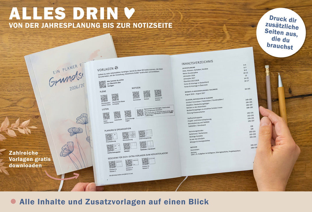 A5 Grundschulplaner mit Inhaltsverzeichnis und QR-Download-Vorlagen für Listen, Planung und Organisation