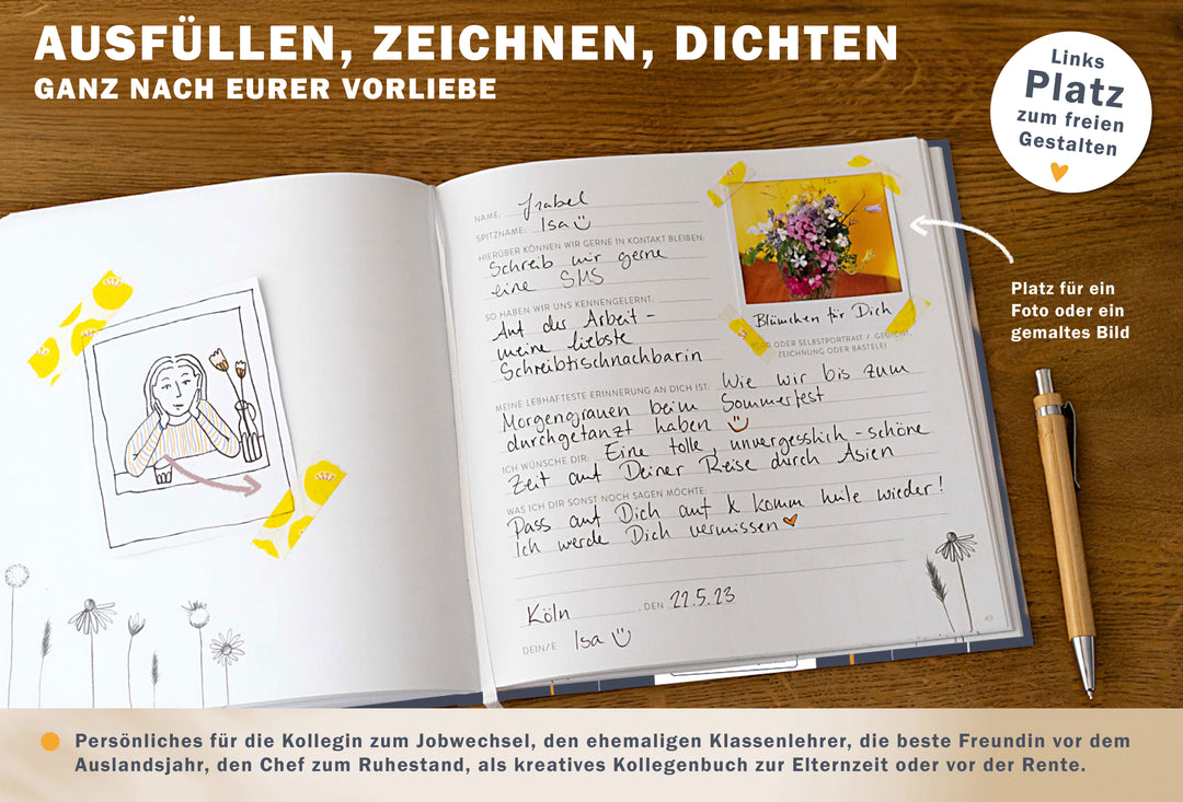 Abschiedsbuch für Kollegen, Lehrer, Freunde - Es war schön mit dir! - Abschiedsgeschenk, blau weiß orange, 92 blanko Seiten, Hardcover, 120g FSC Papier