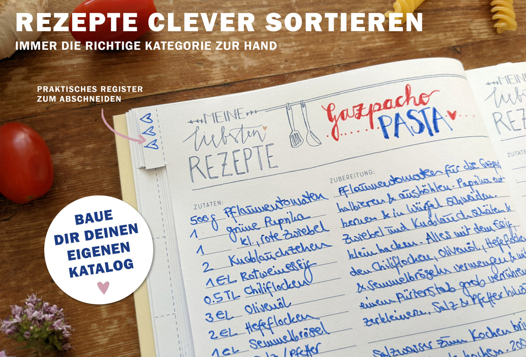 Rezeptbuch A5 zum Selberschreiben - Meine liebsten Rezepte | DIY Kochbuch, Backbuch, Geschenkidee | Gelb Blau Rosa Küchen Design, FSC Papier, Softcover